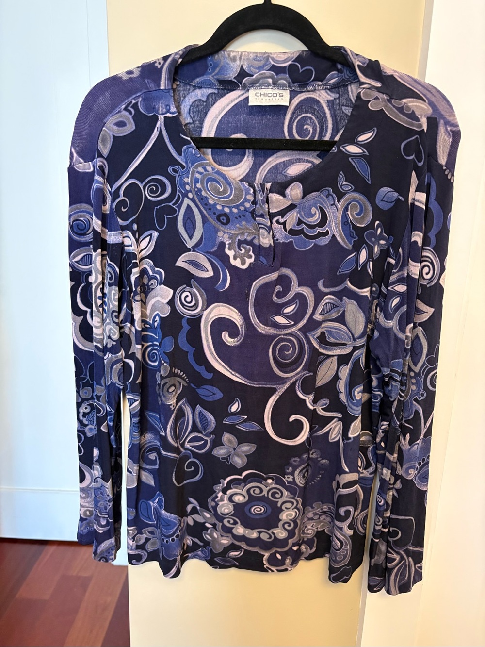 Chico's Navy and Light Blue Floral Swirl Long Sleeve Top